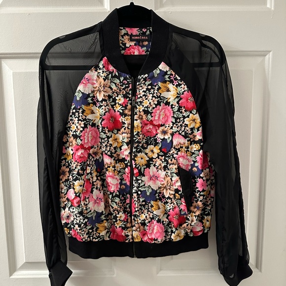 ❤️ BOGO Black Mesh and Pink Floral Zip Bomber Jacket Size Small - Picture 3 of 12